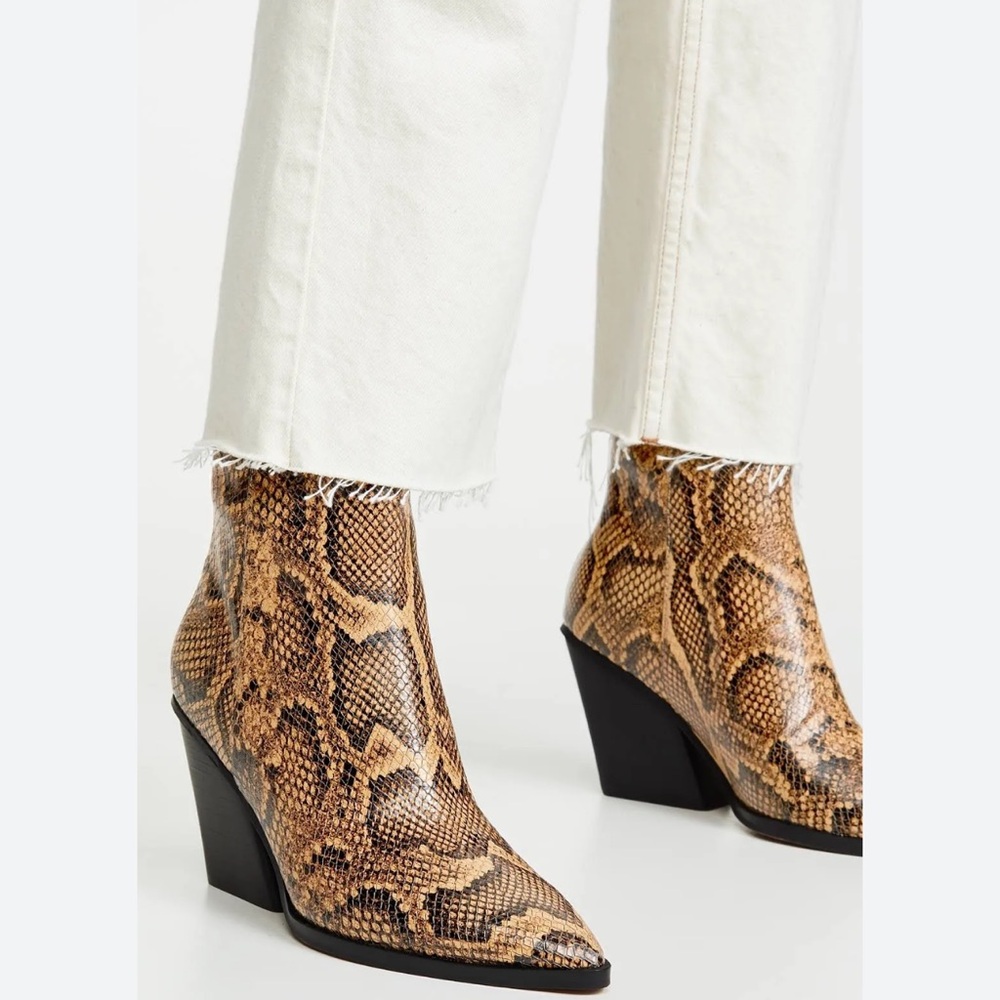 Dolce Vita Snakeskin Print Pointed Toe Ankle Boots in Tan & Black